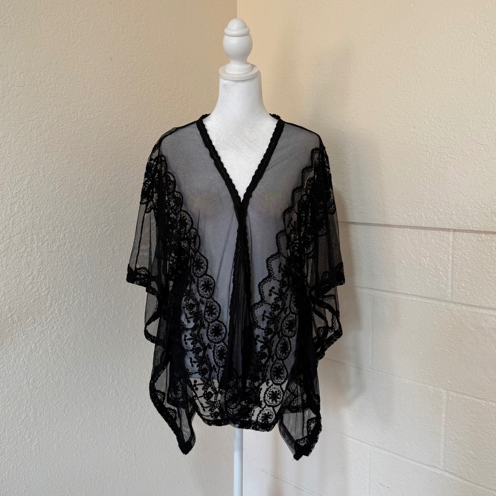 Ultra Pink Kimono Women Small Black Sheer Mesh Embroidered Lace Boho Whimsigoth